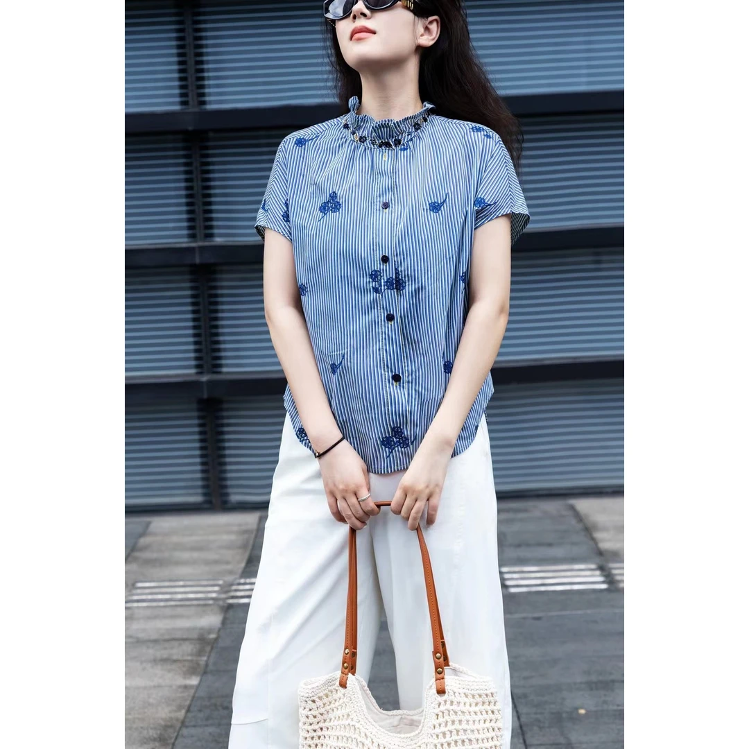 Mozch 柔软轻薄钉珠绣花条纹木耳花边领减龄衬衫30228