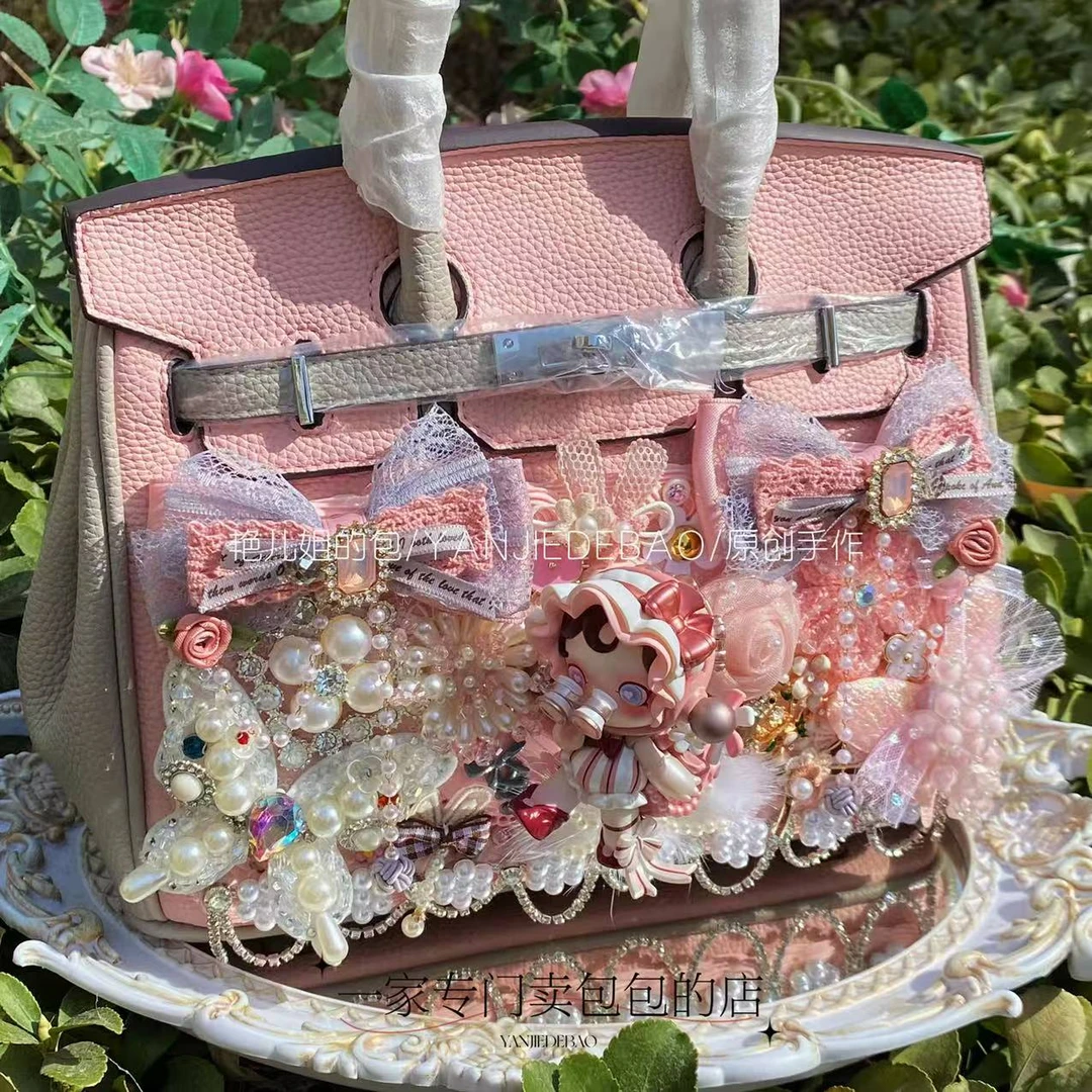 高级手作创意娃包拼色灰粉花间迷藏时尚
