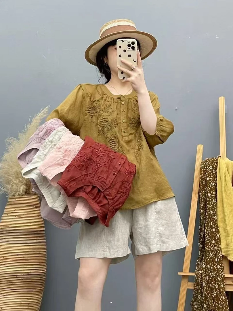 苎麻圆领常规极简风喇叭袖女装蕾丝宽松百搭刺绣文艺范小衫衬衫