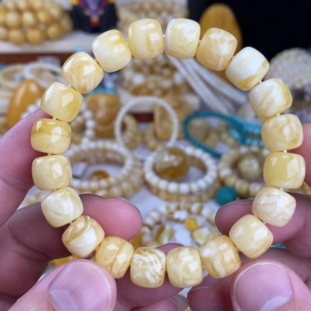 k***蜜蜡未镶嵌手链瓷白细纹虎皮纹11.4mm18.06克