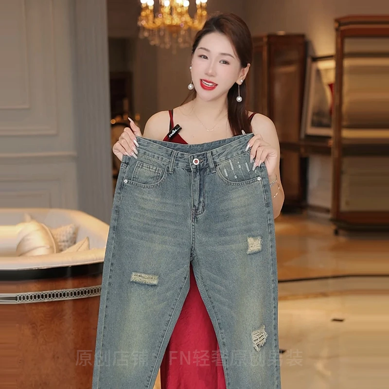 2025夏季九分男士破洞牛仔裤微锥形牛仔裤宽松休闲百搭弹力男款