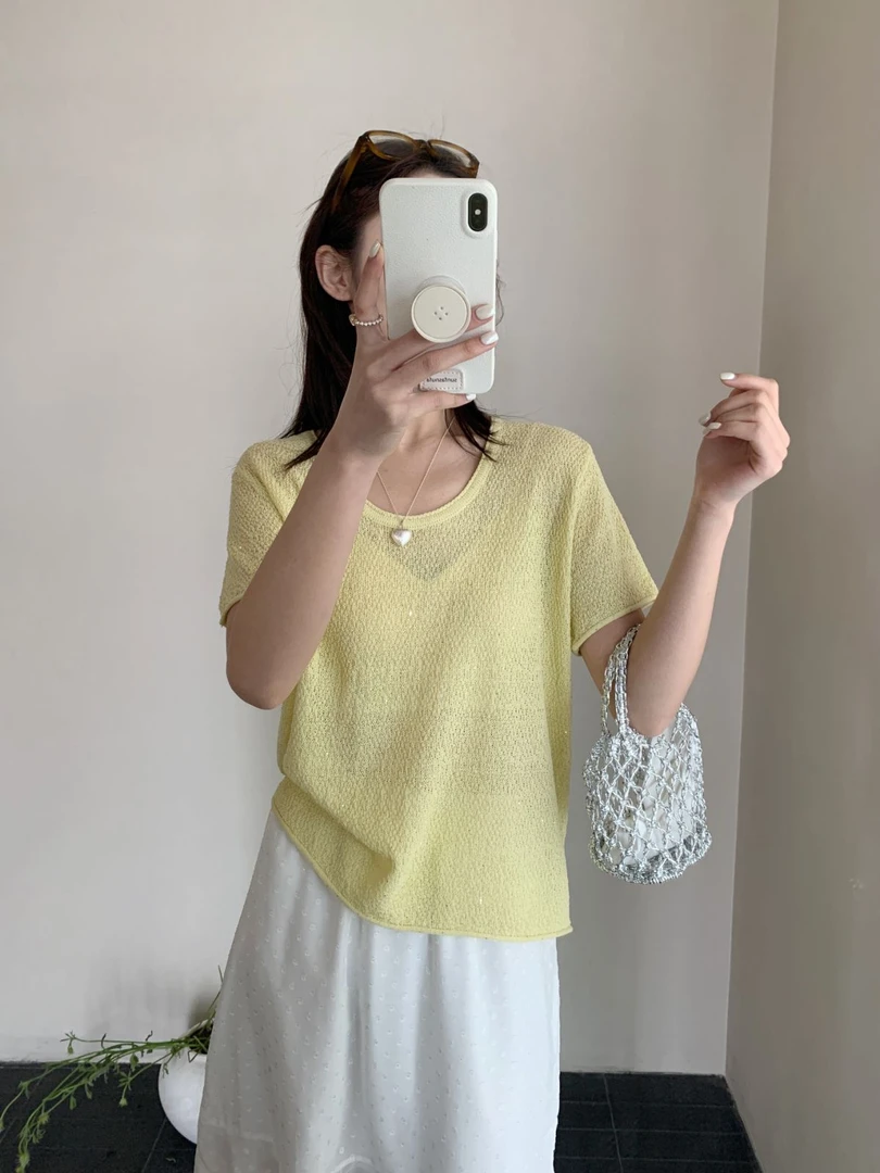 【素简.500113】春款上新亚麻珠片纱U领短袖女装上新混纺针织衫