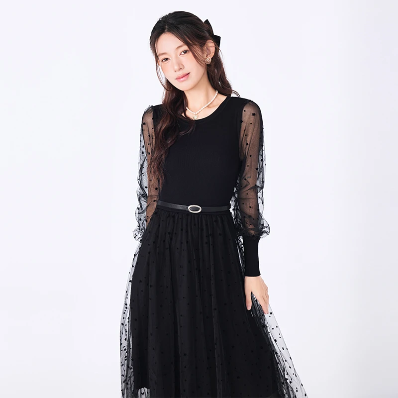 E-EF法式网纱拼接连衣裙小众高级感长裙1130613001Z-