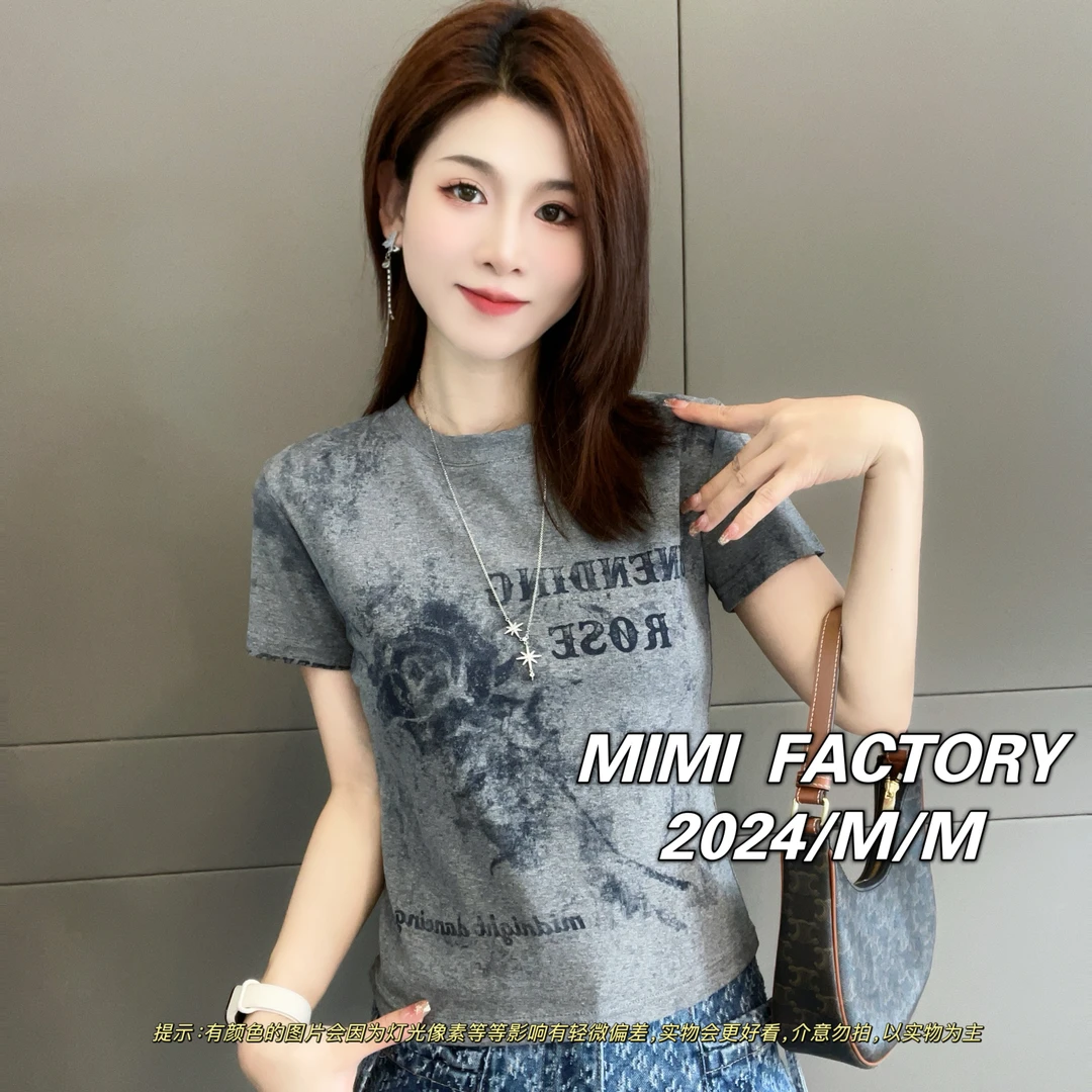 芈芈-2024早秋新款 玫瑰字母短袖T恤女修身显瘦时尚休闲百搭XCTQ