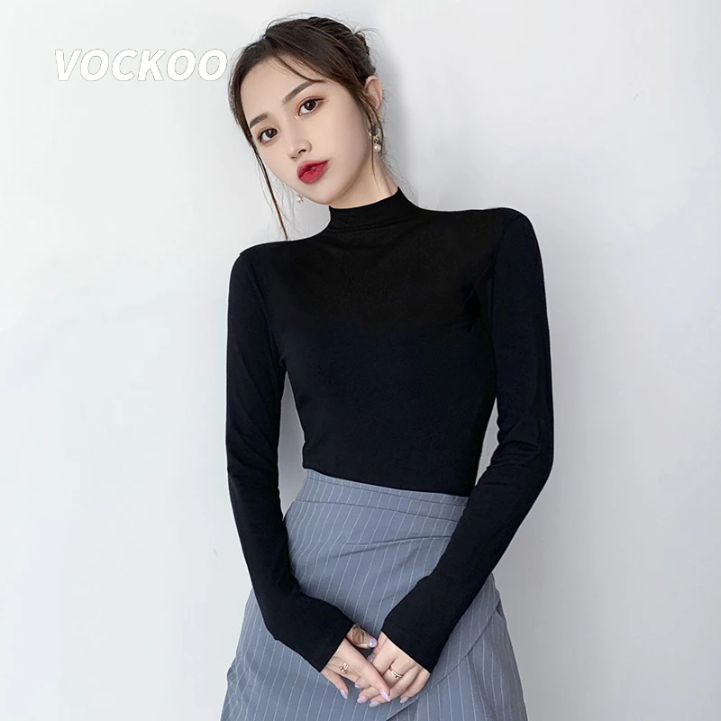 VOCKOO黑色莫代尔半高领打底衫女内搭长袖2025年秋冬新款加绒加厚