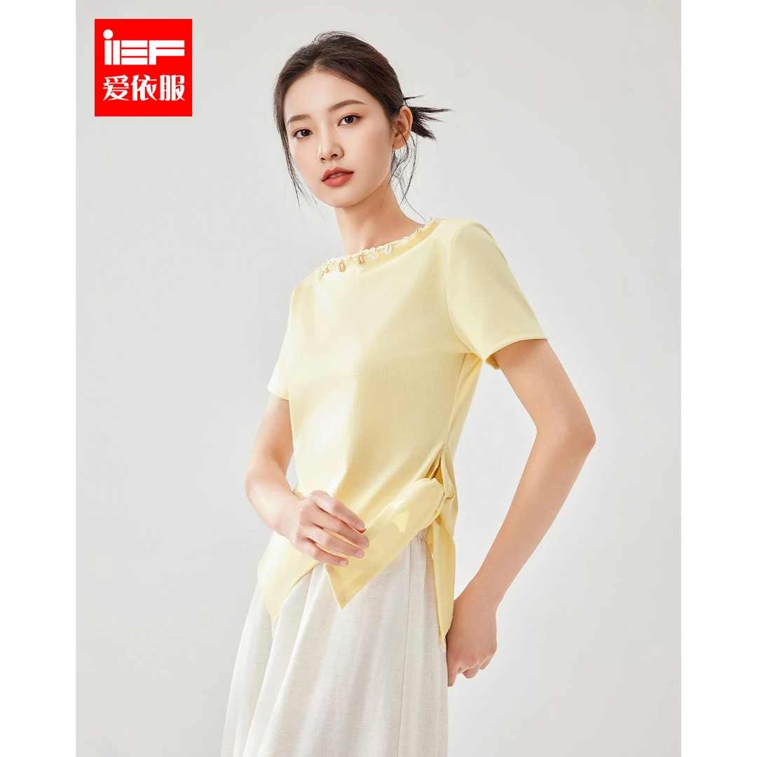 IEF/爱依服2025新款夏季百搭时尚圆领气质显瘦不规则上衣流光风