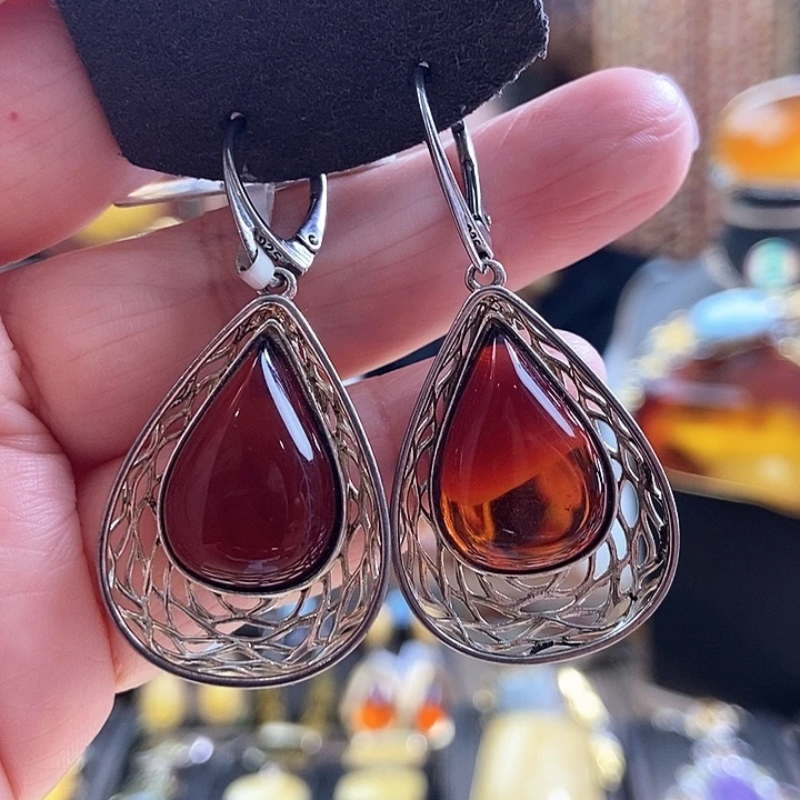 琥珀银S925镶嵌耳饰耳环