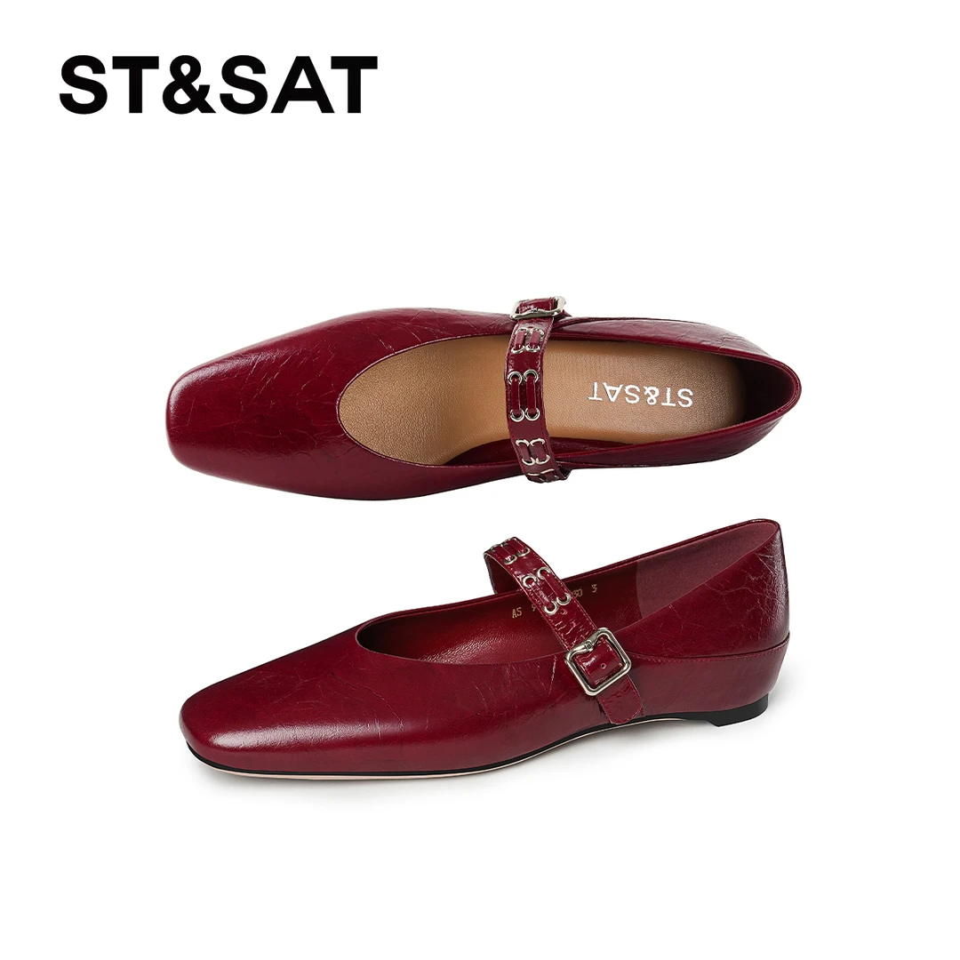 St&Sat/星期六新款玛丽珍鞋女鞋方头浅口平底鞋一字扣带真皮单鞋