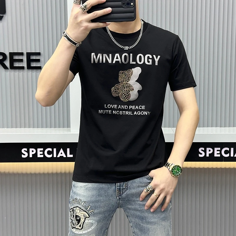 夏季新款薄款男士短袖T恤修身圆领帅气冰丝印花小熊上衣半袖韩版