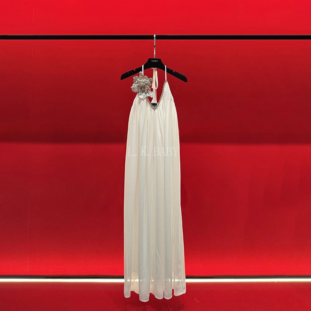 【L.K.BABY】翩若惊鸿 纯欲性感V领镶钻度假露背挂脖吊带连衣裙3200
