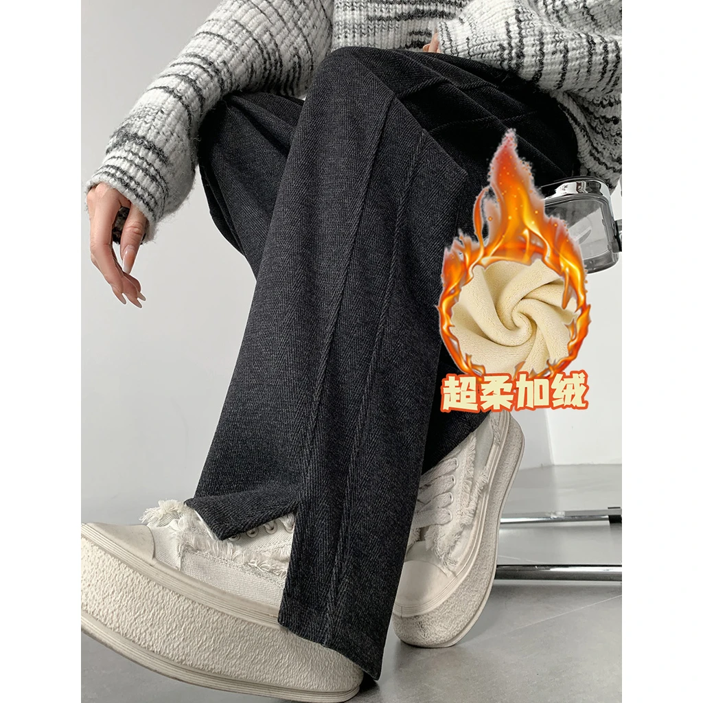 人字纹加绒加厚开叉阔腿裤女2024冬季新款高腰时尚宽松显瘦直筒裤