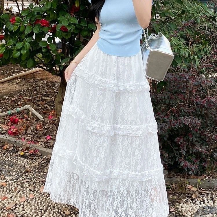 2025温柔风蕾丝拼接通勤简约时尚显瘦百搭款a字半身裙公主蛋糕裙