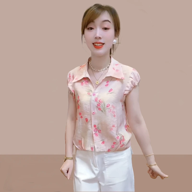 设计感休闲短袖衬衫女2025年夏季新款显瘦港风复古油画印花上衣潮