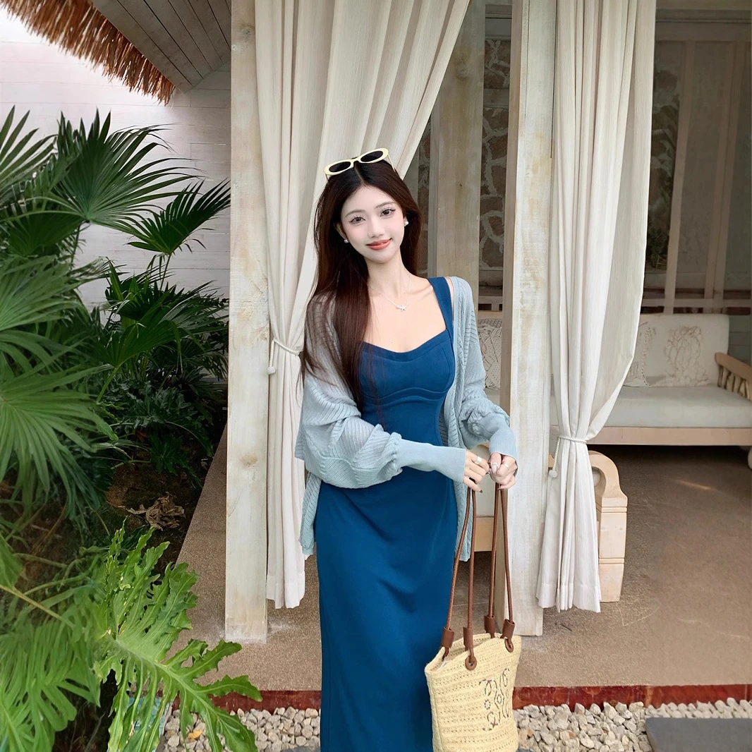 实拍~半熟甜心法式气质吊带连衣裙女春复古长裙+毛织开衫外套女装