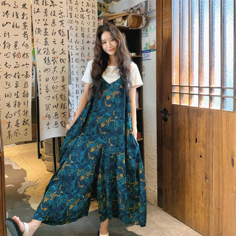 蓝色碎花无袖连体裤女夏2025新款阔腿裤连衣裤裙裤爆款网红洋气