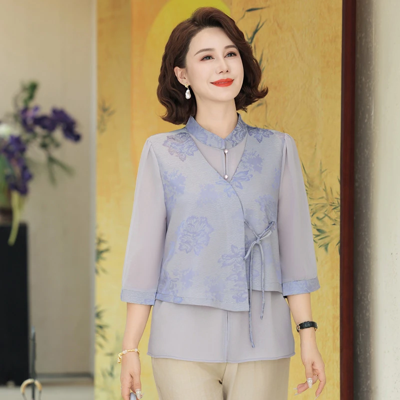 中式新款中年妈妈夏装假两件上衣套装中老年女夏季时尚洋气两件套