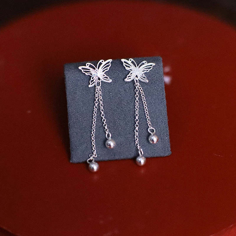 足银耳饰 足银耳饰  足银蝴蝶流苏耳饰 纯手工 圆珠耳钉古风素款