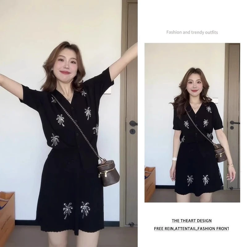 夏季一整套穿搭女洋气高级感V领短袖上衣显瘦高腰短裙两件套装潮