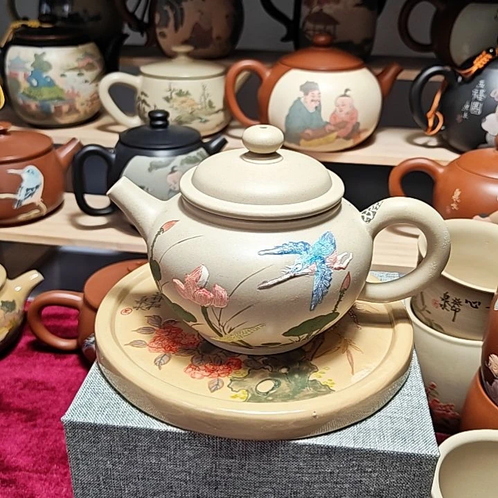 建水紫陶堆雕刻绘茶壶复烧全品240cc7号