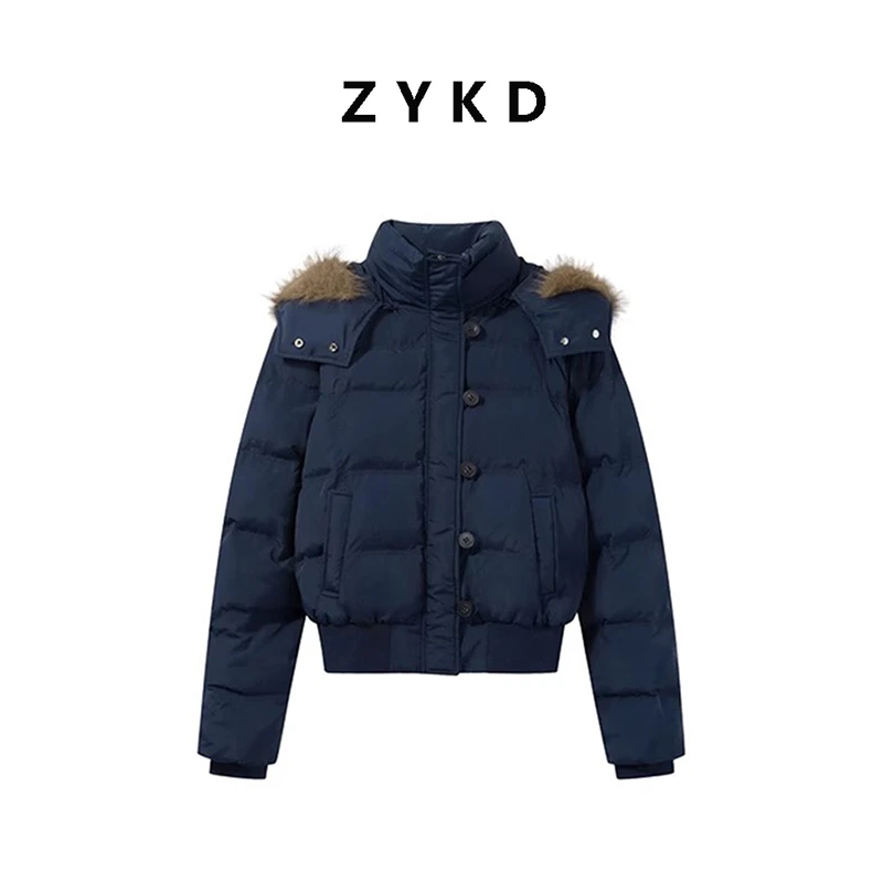 美式短款毛领派克服修身连帽卫衣拉链棉服外套女秋冬季小个子加绒