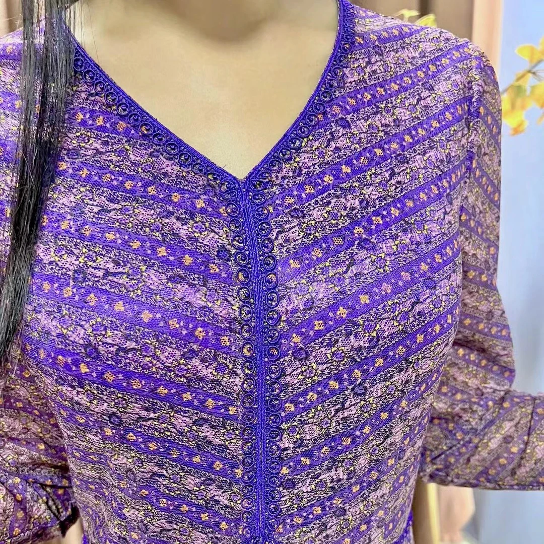 1087#长袖气质碎花妈妈装中长裙显瘦蕾丝时尚减龄大码连衣裙