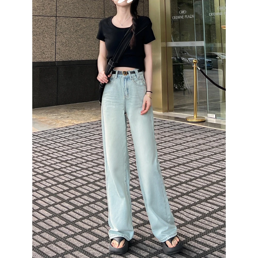 显瘦高腰直筒百搭2025夏季复古薄款宽松月光蓝水洗牛仔阔腿裤8979