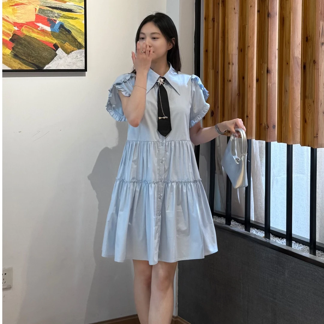 连衣裙女学院风韩版时尚气质翻领飞袖裙子A字裙衬衫裙子2025夏季