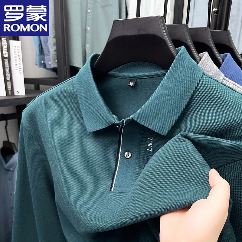 罗蒙春秋季新款长袖t恤男士百搭宽松上衣商务休闲翻领纯棉polo衫