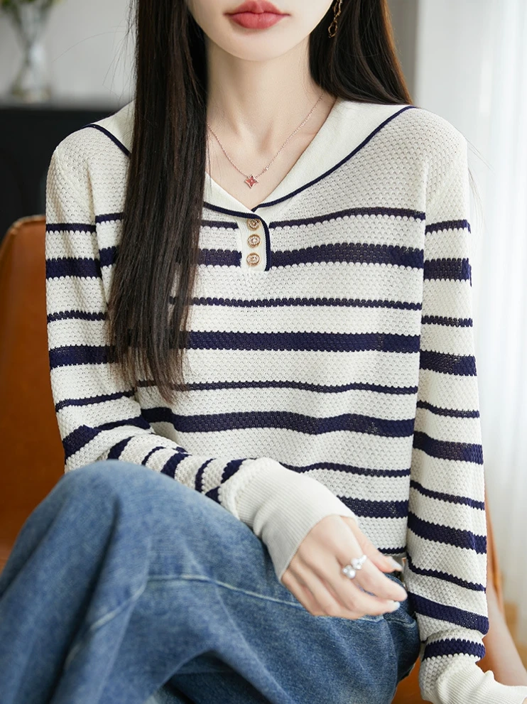 2025时尚拼色海军领针织衫女士毛衣宽松短款时尚打底衫潮