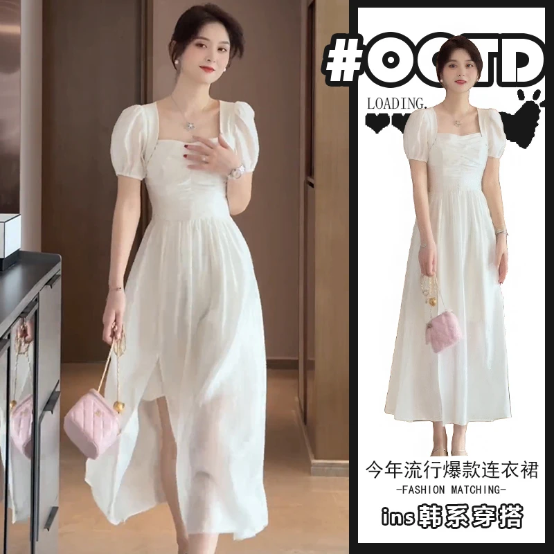 2025夏季新款桔梗法式方领连衣裙小个子气质收腰减龄开衫A字裙潮