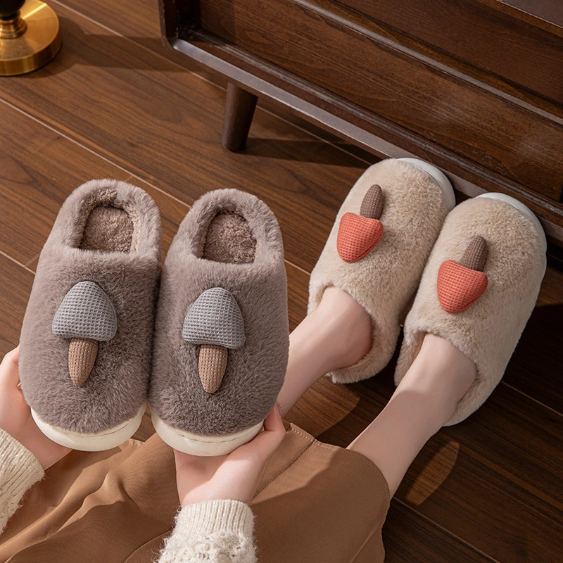 蘑菇棉拖鞋女冬季情侣防滑保暖拖鞋冬天室内厚底居家用毛毛拖鞋