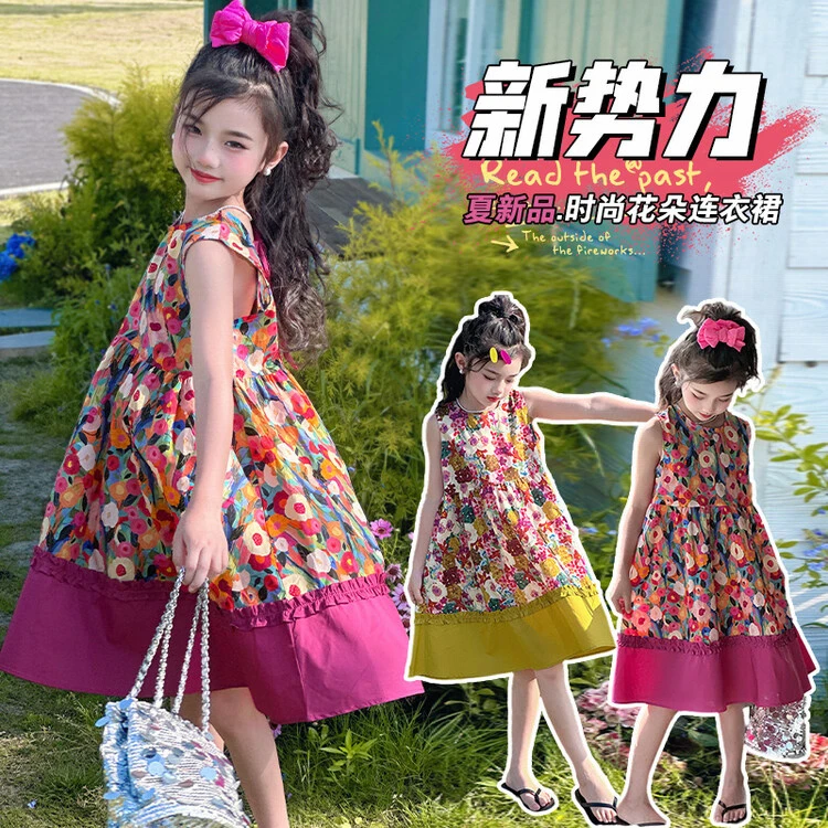 女童连衣裙夏季2025新款洋气女孩公主裙网红儿童碎花无袖裙子夏装