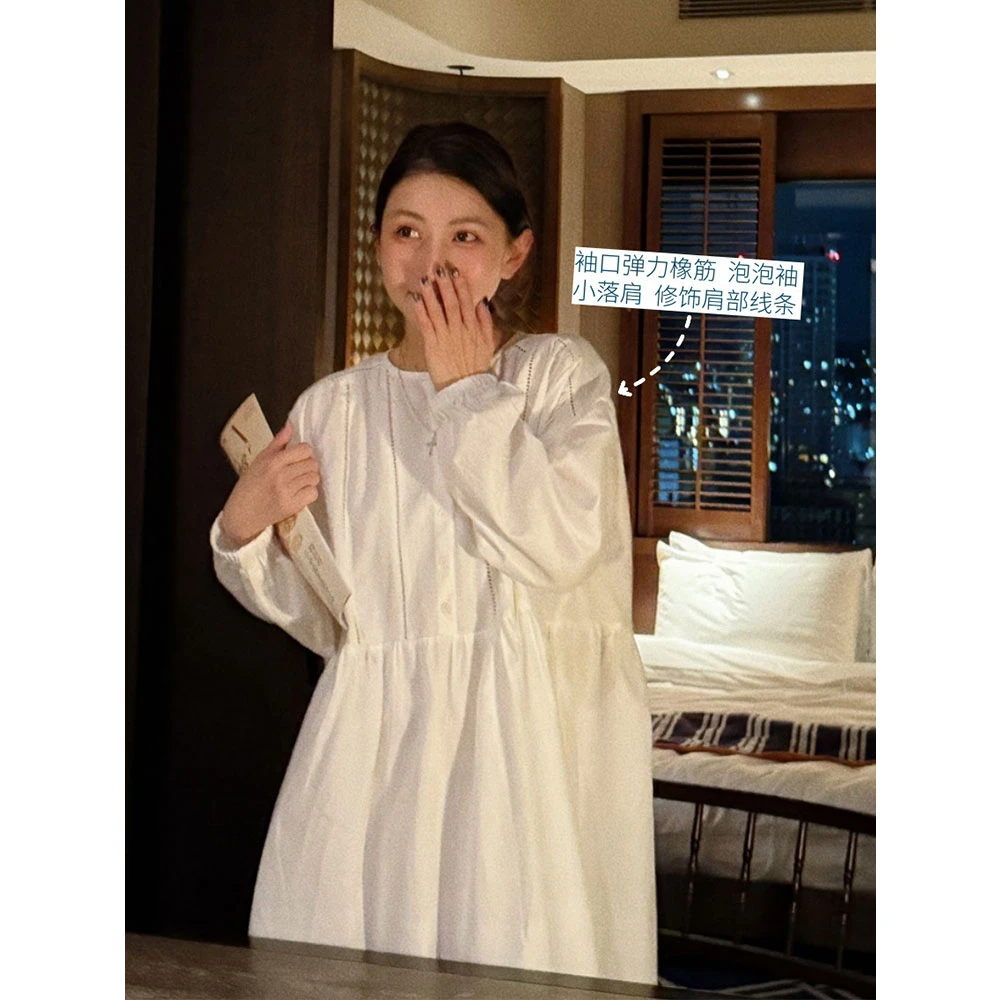 【MGDM】斜纹纯棉圆领镂空花边中长款白色衬衫裙女2025春LFB25019