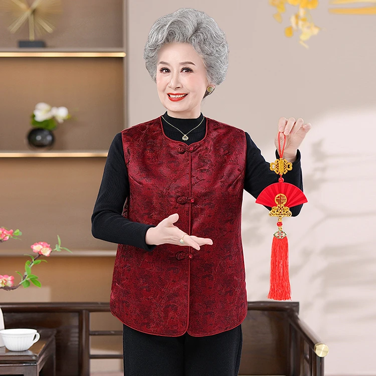 秋装休闲风秋冬女装中老年女装红色新中式奶奶马甲气质春秋妈妈装