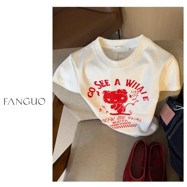 博主推荐！小恶魔kitty猫显瘦正肩全棉短袖t恤女夏季短款上衣B6151