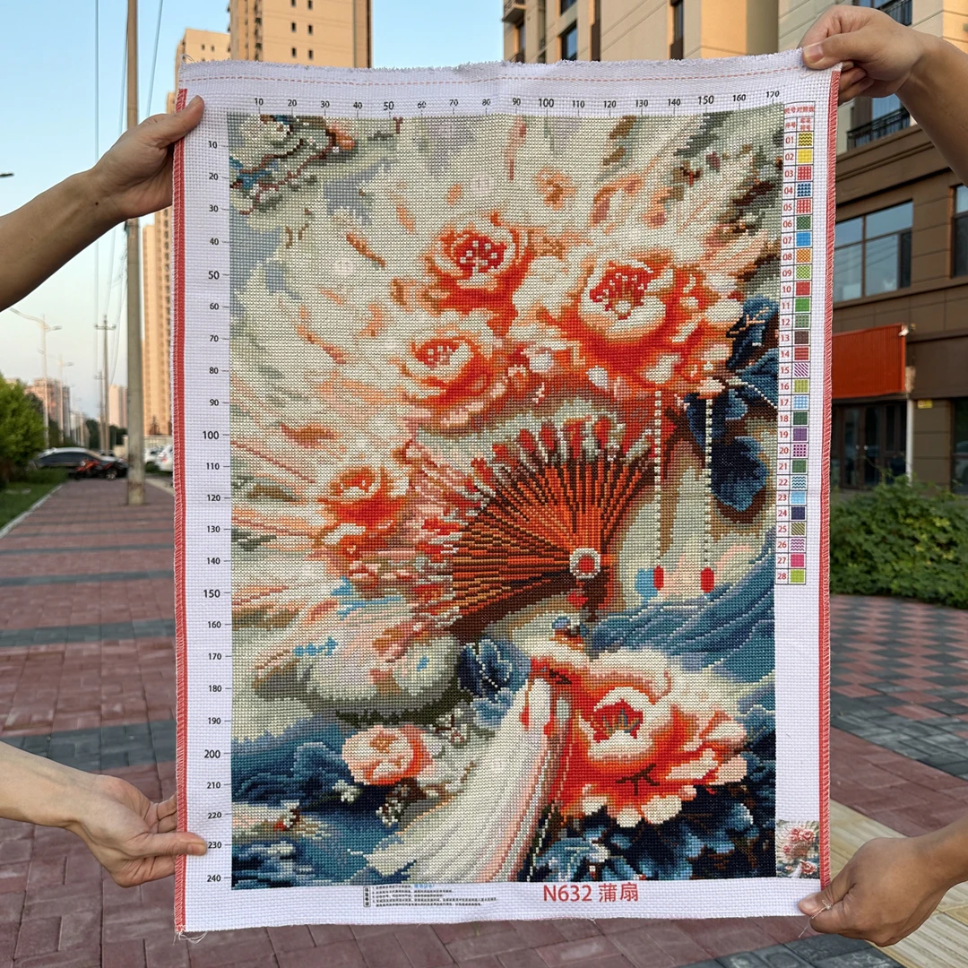 纯手工十字绣成品蒲扇洛神琉璃扇卧室客厅精美挂画75×56厘米