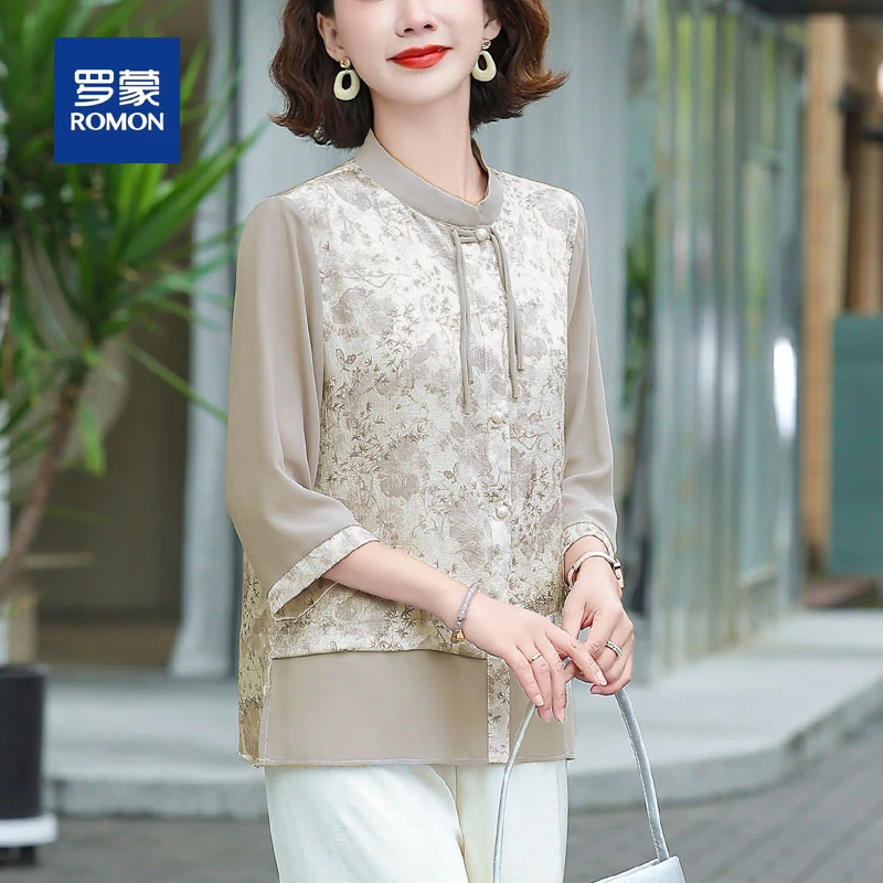 罗蒙中年妈妈夏装洋气中老年女装新中式国风气质衬衫高贵小衫套装