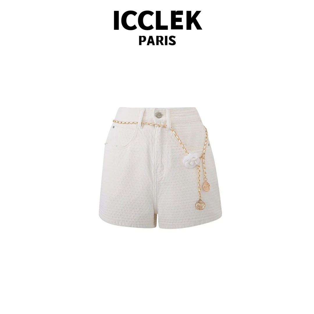 ICCLEK 白色百搭金属装饰短裤宽松修身气质显瘦裤子时尚  -  5326