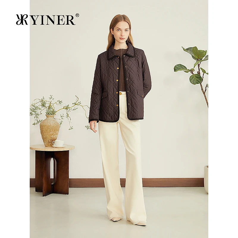 YINER音儿专选2025秋季新款复古琥珀桑蚕丝填充菱格纹短外套