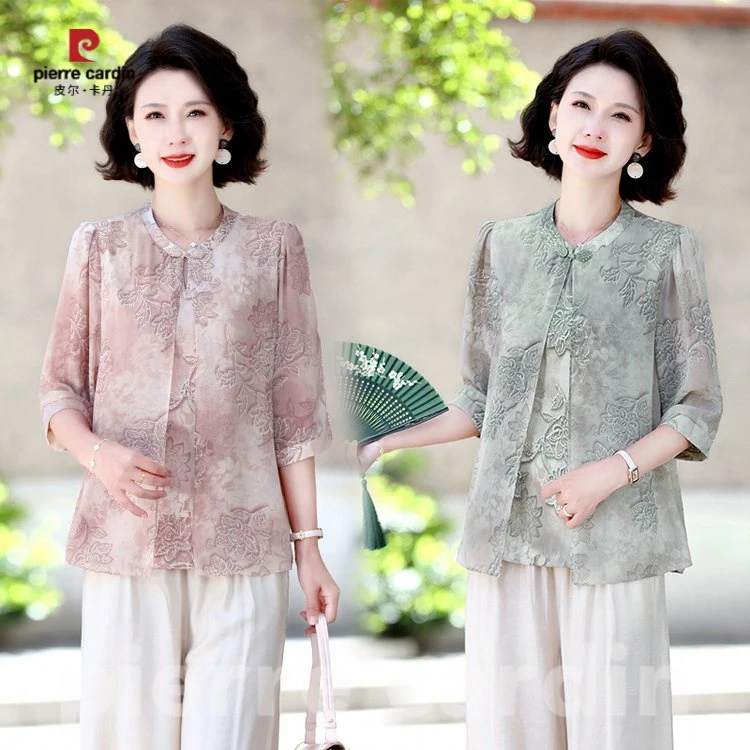 皮尔卡丹妈妈装薄款立领夏装衬衣中国风印花开衫2025新款大码七分