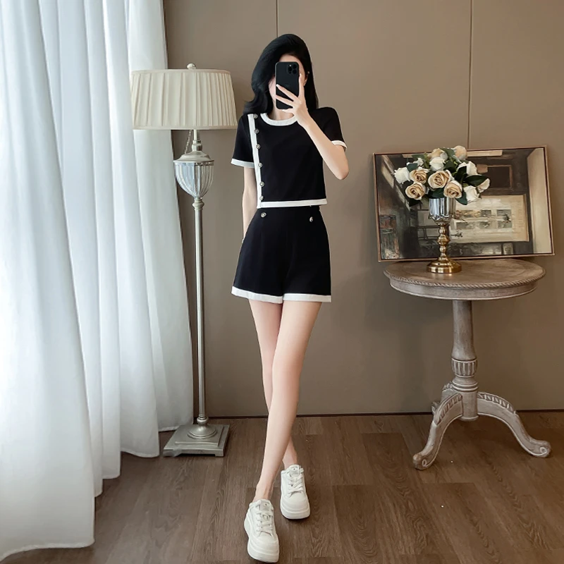 欧货黑色运动休闲套装女夏季2025新款减龄洋气炸街短袖短裤两件套