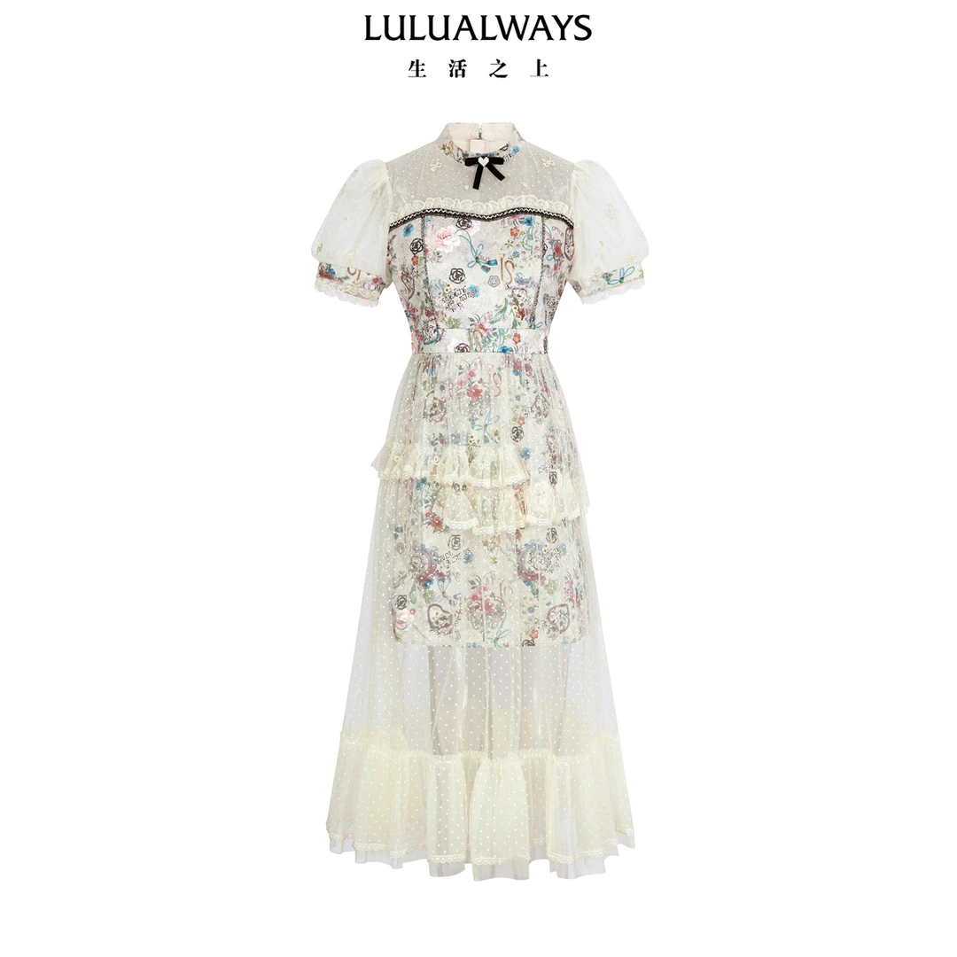 LULUALWAYS我爱露露25春季新款优雅气质浪漫提花网纱收腰连衣裙女