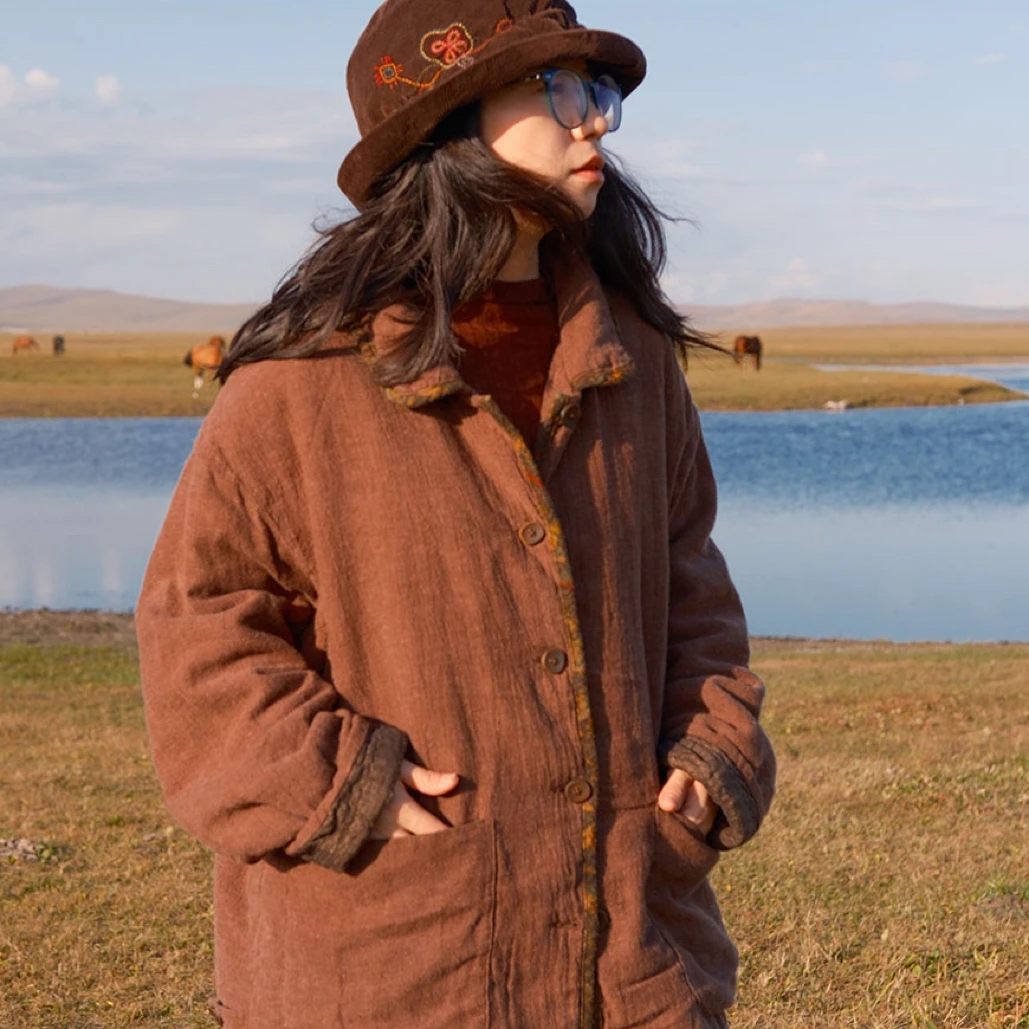 云雾里 6221#亚麻混纺3M新雪丽棉 复古宽松保暖日常短棉衣棉服冬