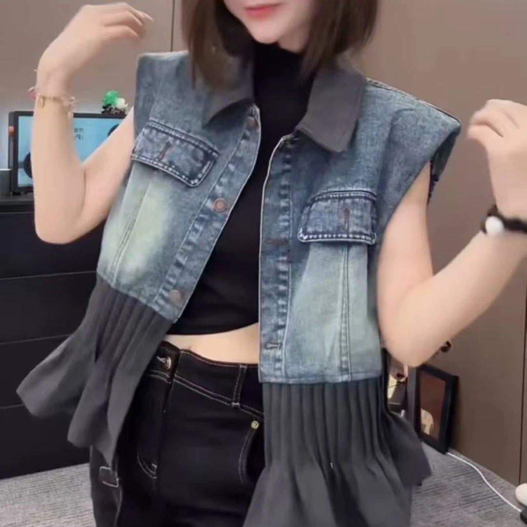 拼接荷叶边褶皱洋气牛仔马甲短外套无袖时尚秋季新款大码女6086