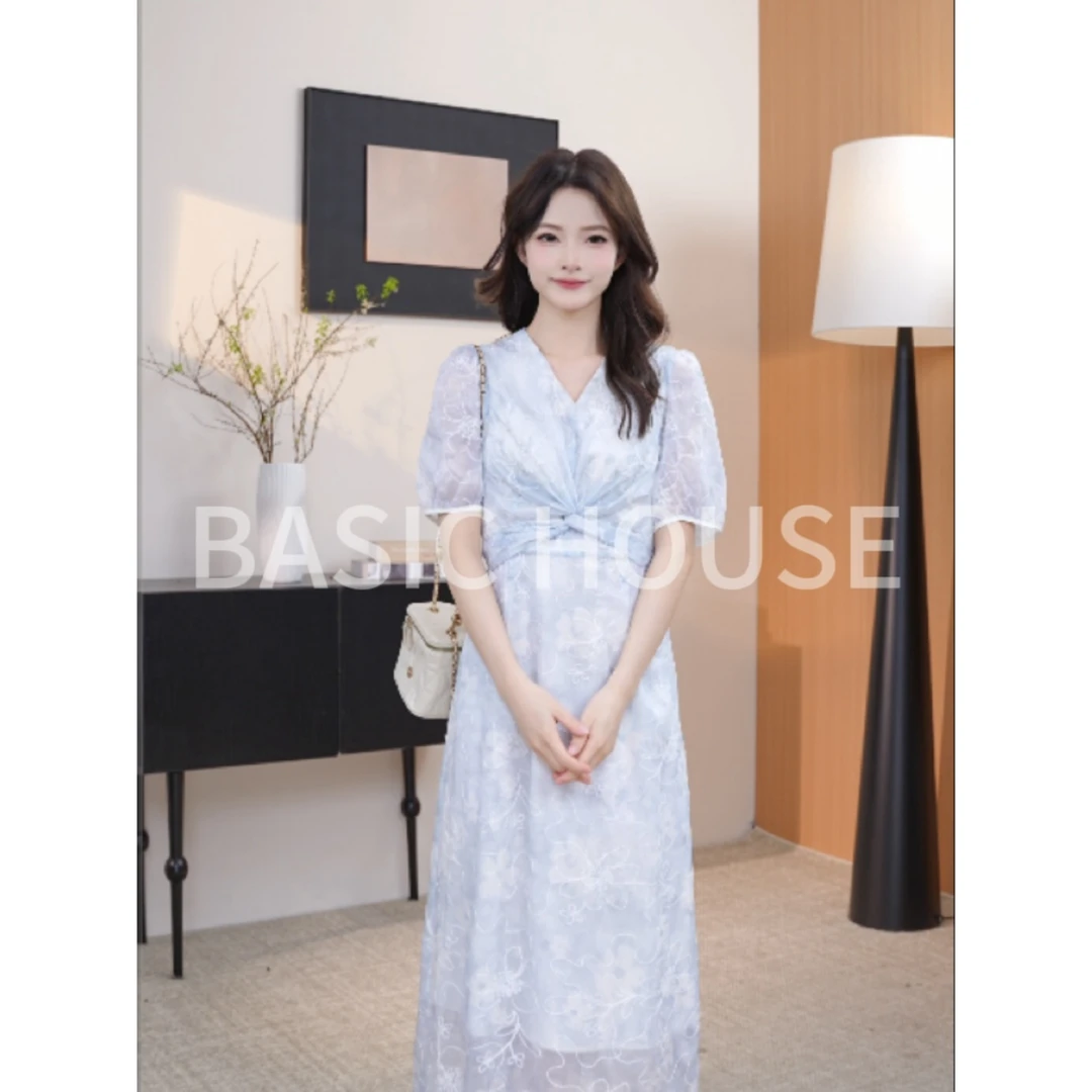 Basic House/百家好夏季新款气质碎花优雅时尚百搭短袖连衣裙女A