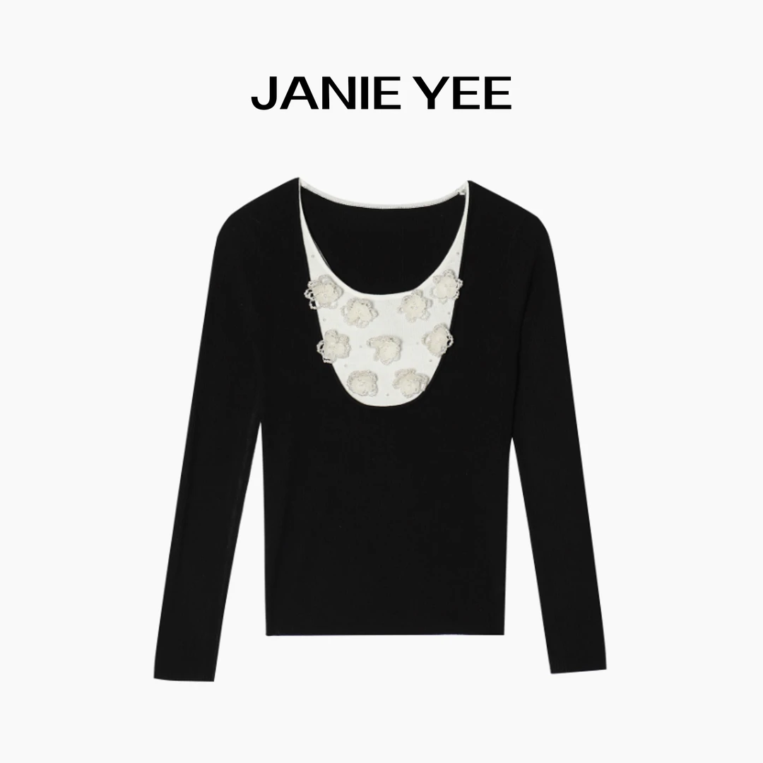 Janie Yee"赫本山茶" 手工钉珠绵羊毛假两件内搭休闲毛衣 24A1028