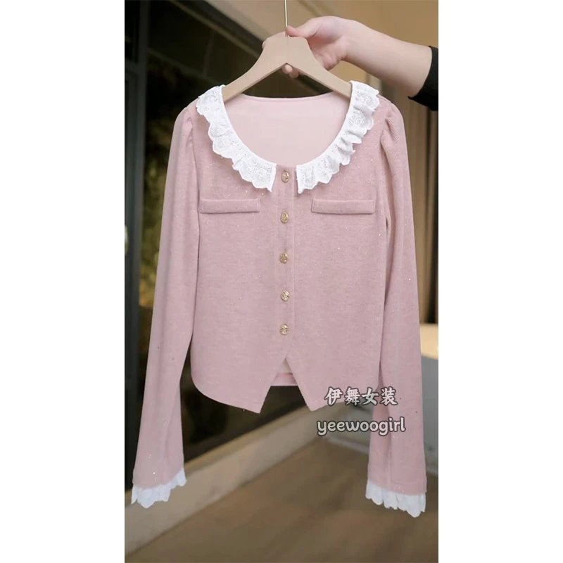 【伊舞】2025温柔气质风设计感亮片蕾丝拼接长袖显瘦甜美针织衫上衣