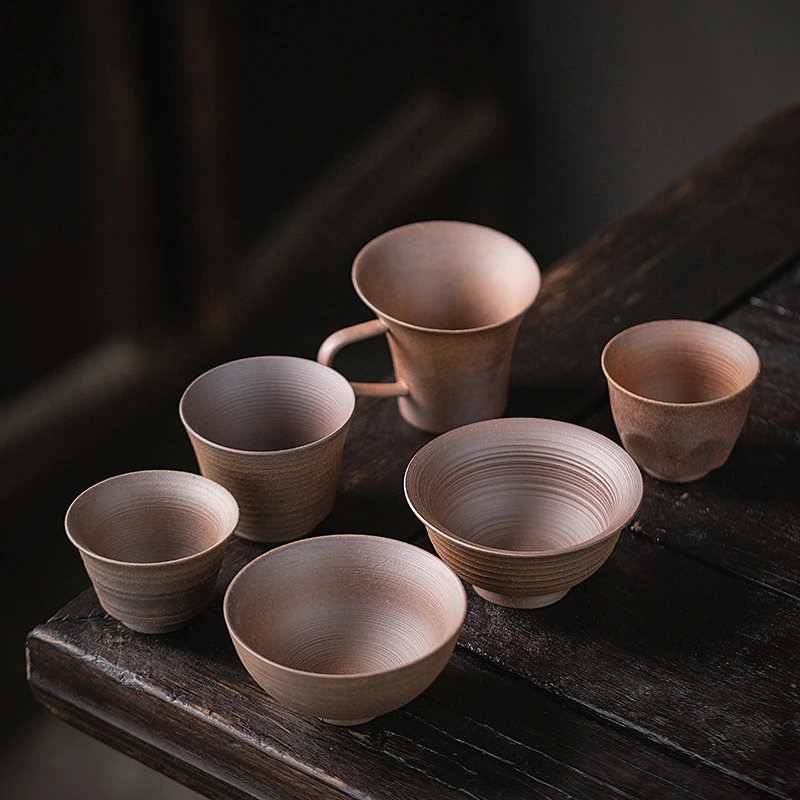 粗陶无釉茶杯主人杯客杯手工老岩泥陶瓷品茗杯功夫茶具单个小杯子