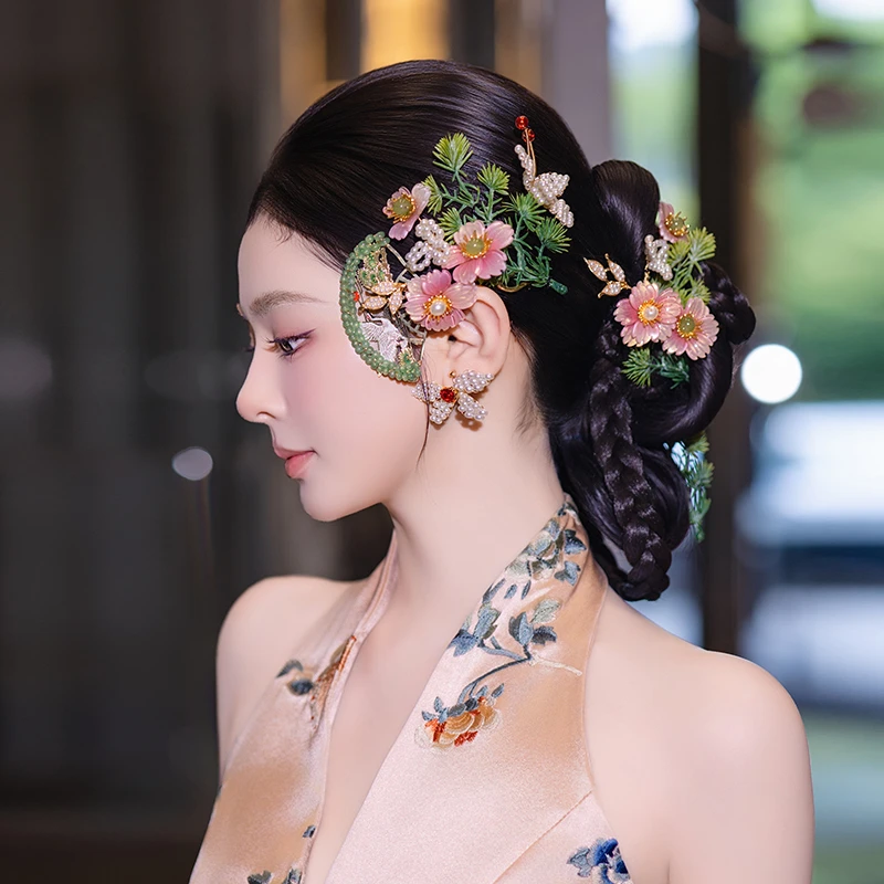 合金树脂婚庆饰品 新中式新娘粉色花朵仙气造型结婚跟妆发饰G0292