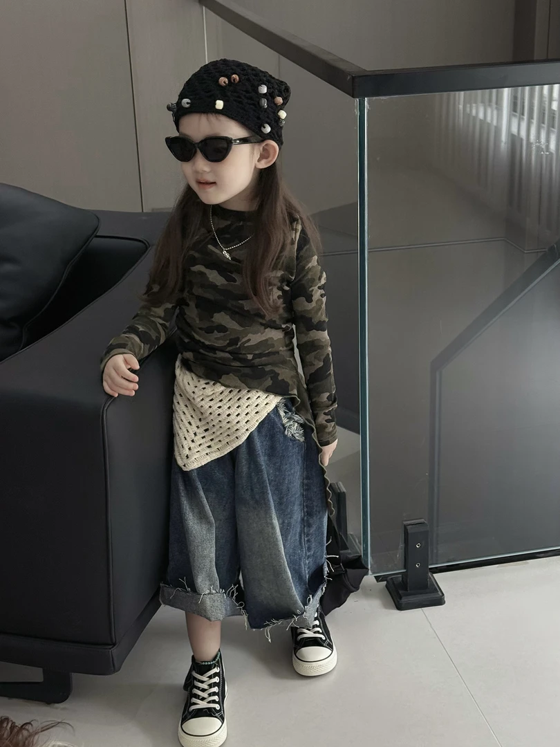 秋季新款童装女童套装韩版时尚长袖米彩T恤休闲牛仔裤女童秋装